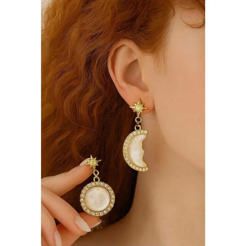Sun Moon Star Earrings Face Mismatch Gold Deco Celestial Glass CZ Asymmetric